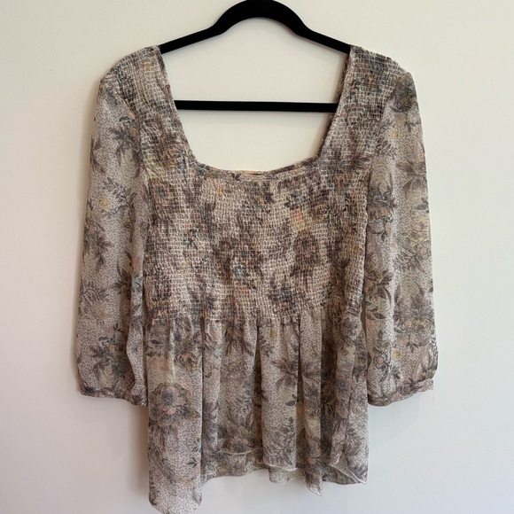 Free People Cream Tan Floral Ever After Blouse Medium Chiffon - Picture 3 of 10